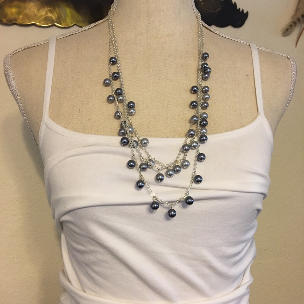 Multi strand pearl bead silver chain necklace